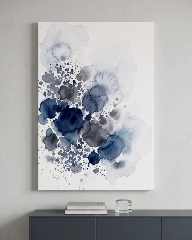 Leinwandbild – Dunkle Aquarellblüten mit eisblauen Ausläufern