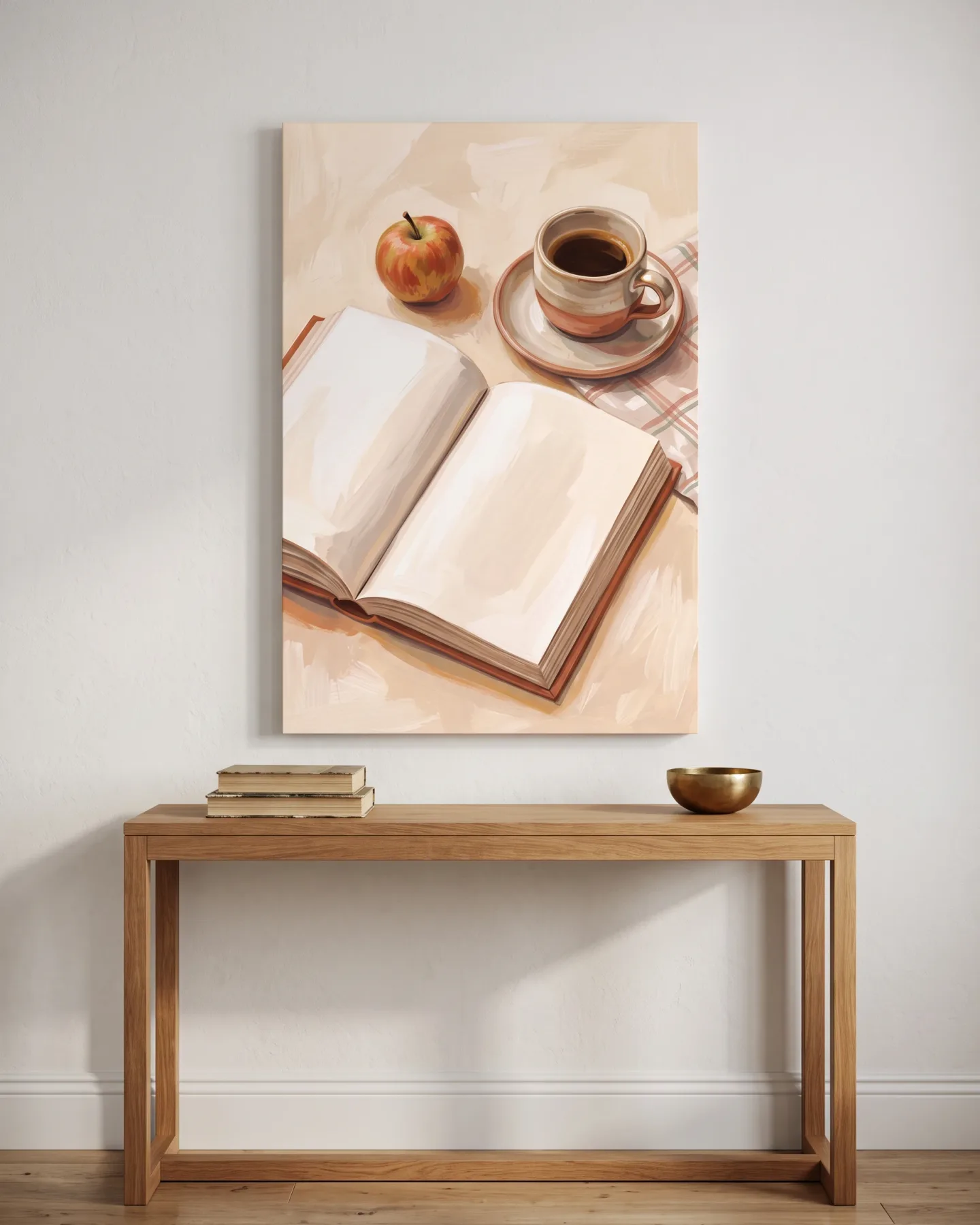 Leinwandbild – Offenes Buch mit Kaffee auf kariertem Tuch