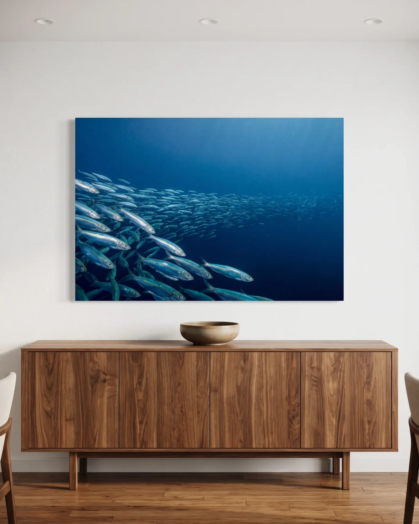 Leinwandbild – Silberne Fischschwärme im tiefblauen Wasser