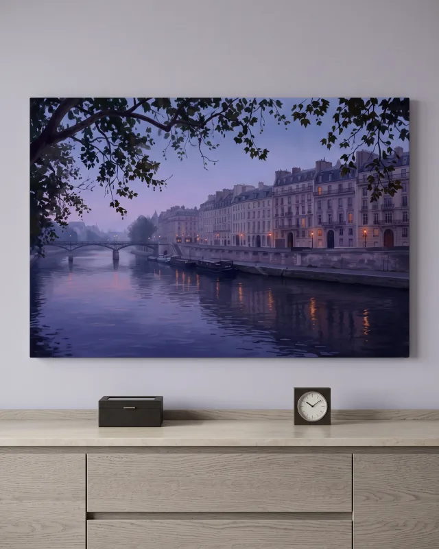 Leinwandbild – Flussufer im violetten Abendlicht