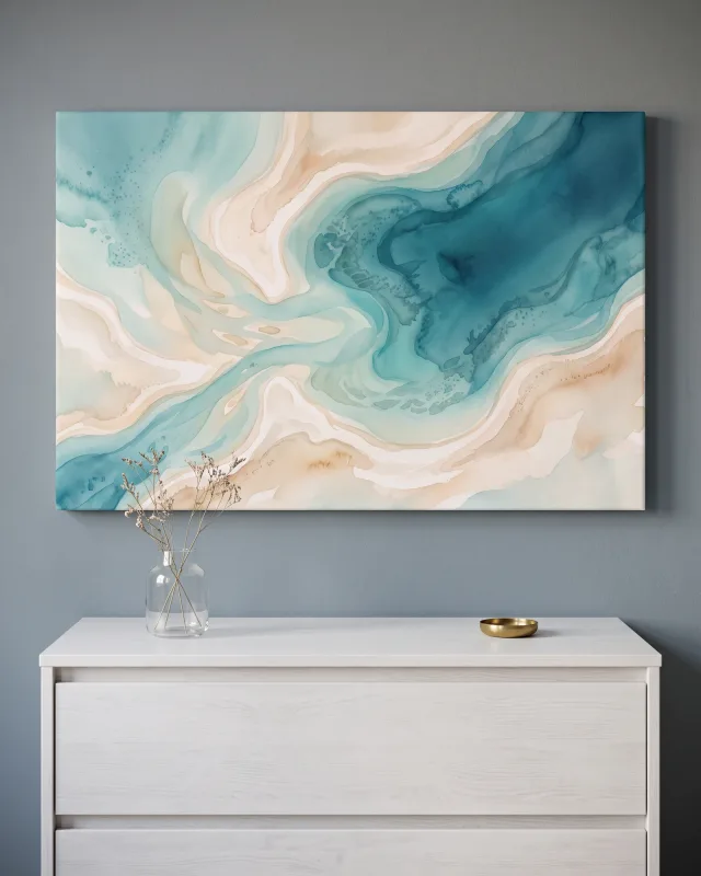 Leinwandbild – Diagonale Wasserformen in Aqua und Sand