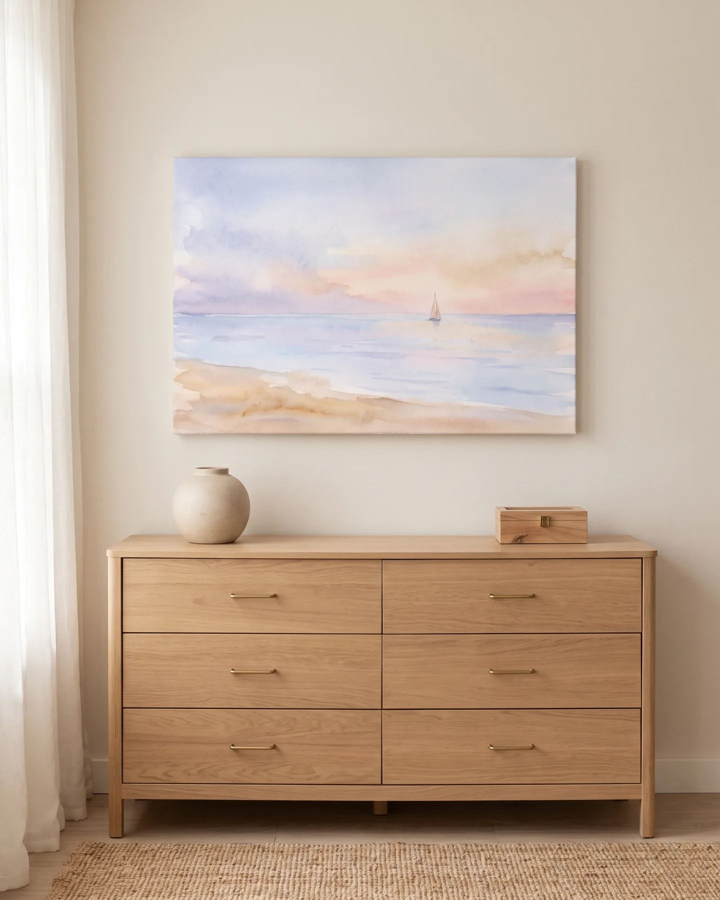 Leinwandbild – Ein Boot auf pastellfarbenem Wasser