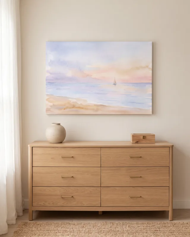 Leinwandbild – Ein Boot auf pastellfarbenem Wasser
