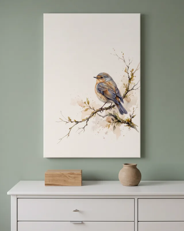 Leinwandbild – Blau-oranger Vogel im hellen Freiraum