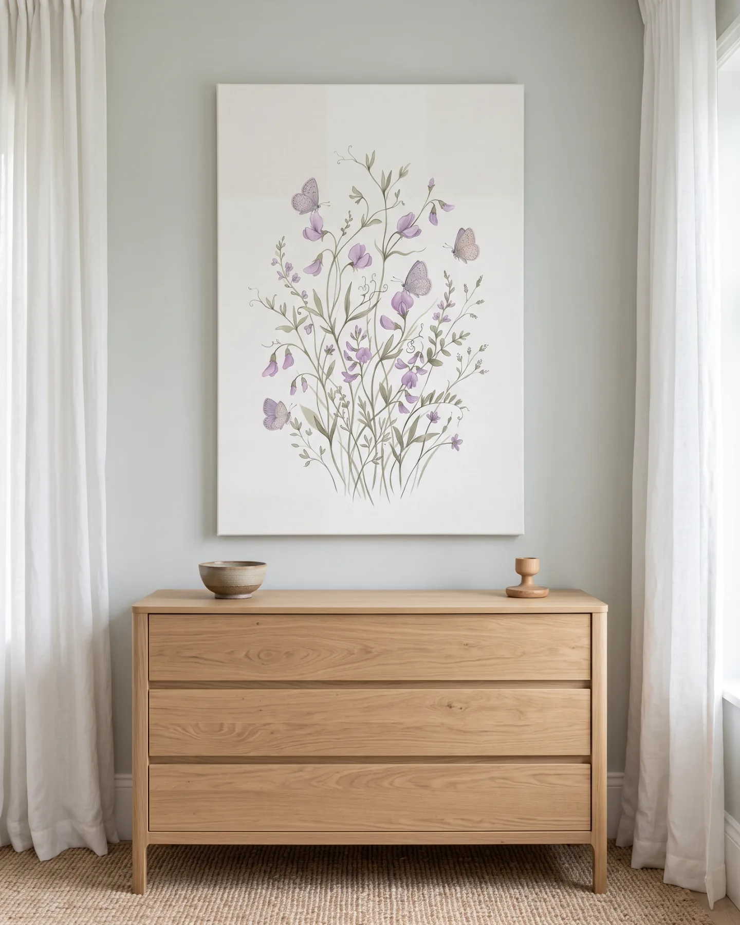 Leinwandbild – Violette Blüten mit Schmetterlingen