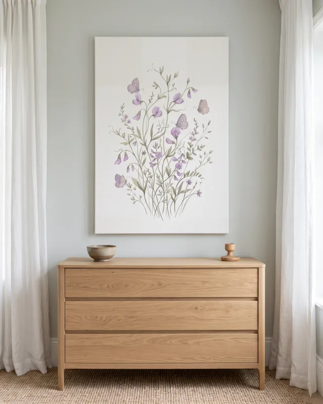 Leinwandbild – Violette Blüten mit Schmetterlingen