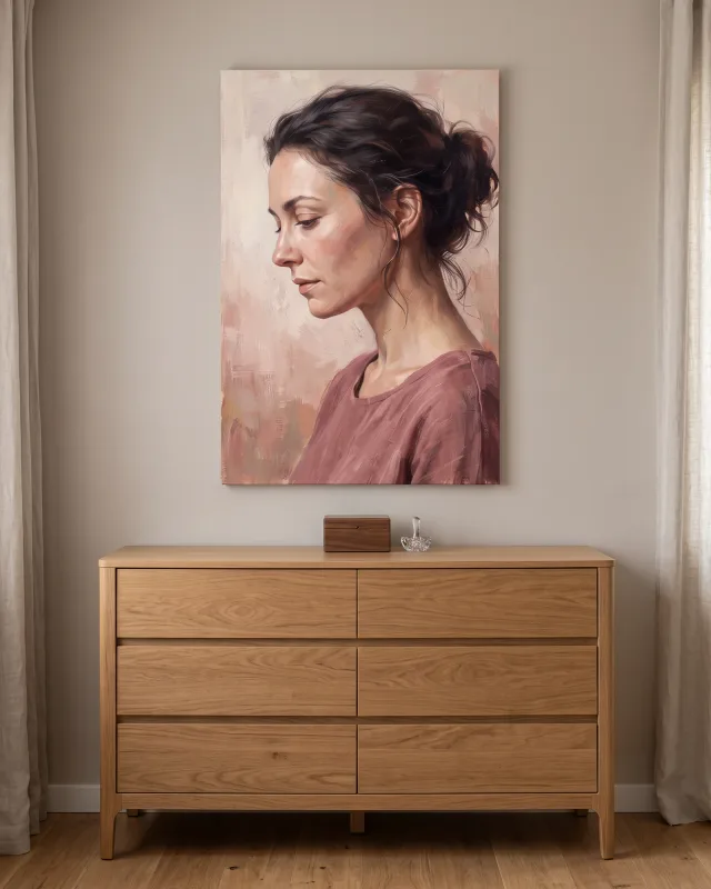 Leinwandbild – Gesenkter Blick in weichem Mauve