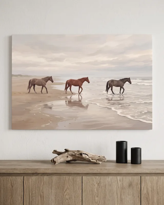 Leinwandbild – Drei Pferde am Meer