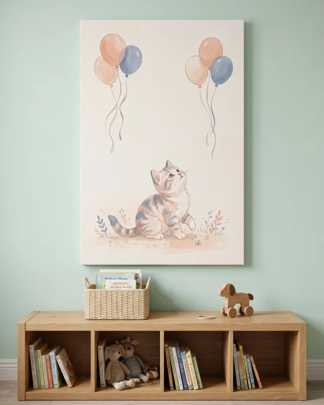 Leinwandbild – Kätzchen mit Luftballons