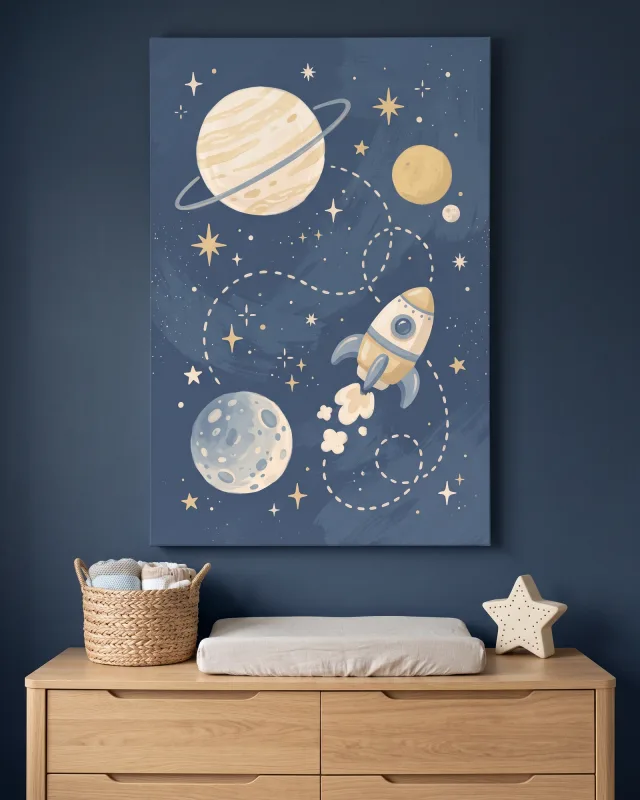 Leinwandbild – Raketenstart unter dem Ringplaneten