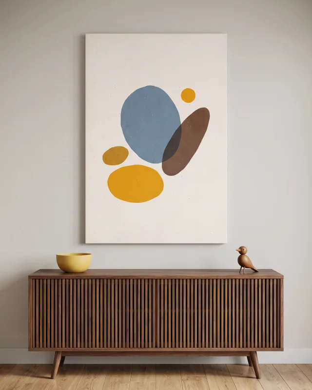 Leinwandbild – Staubblaues Oval mit gelben Naturformen