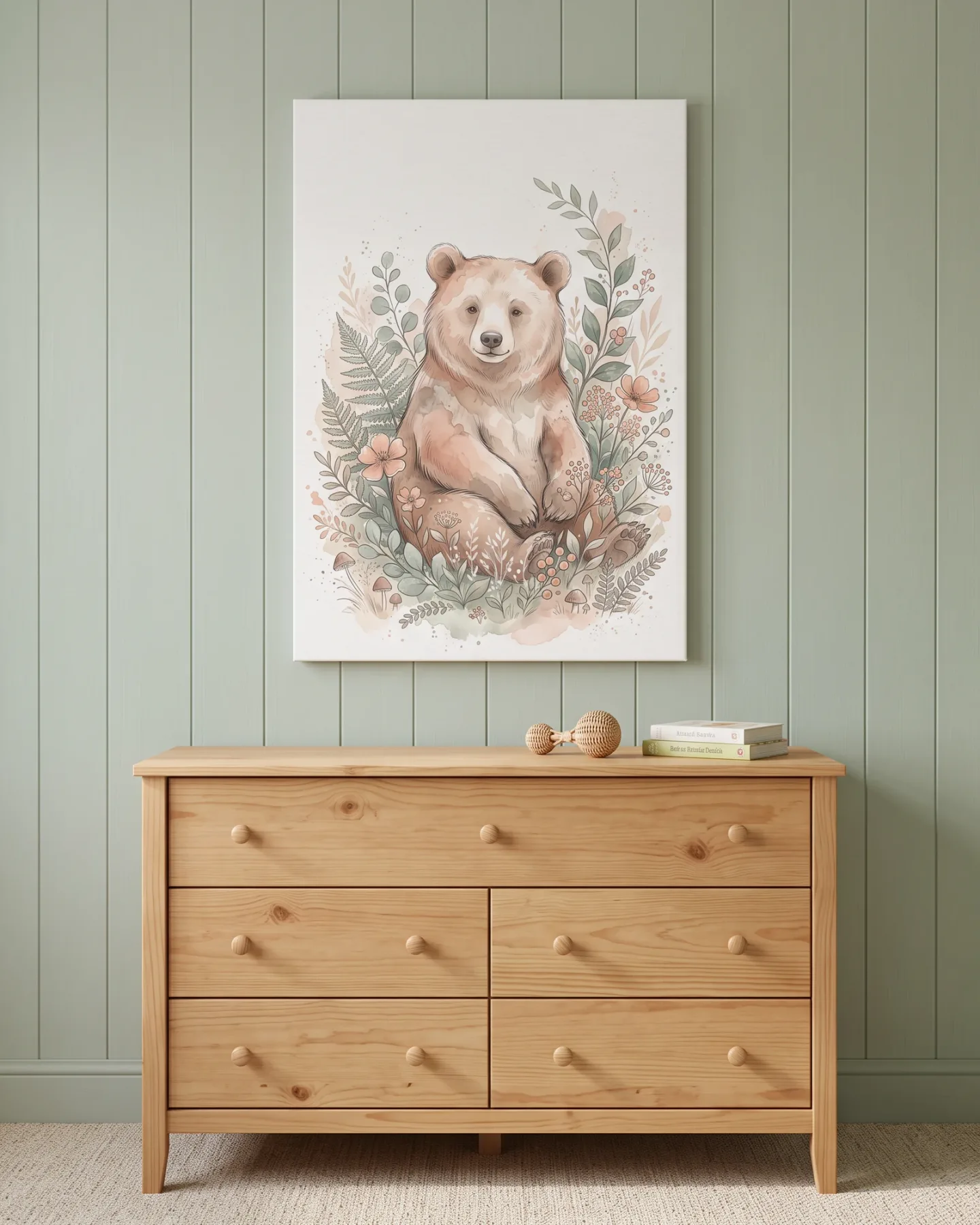 Leinwandbild – Sitzender Bär mit Farnen und Pilzen