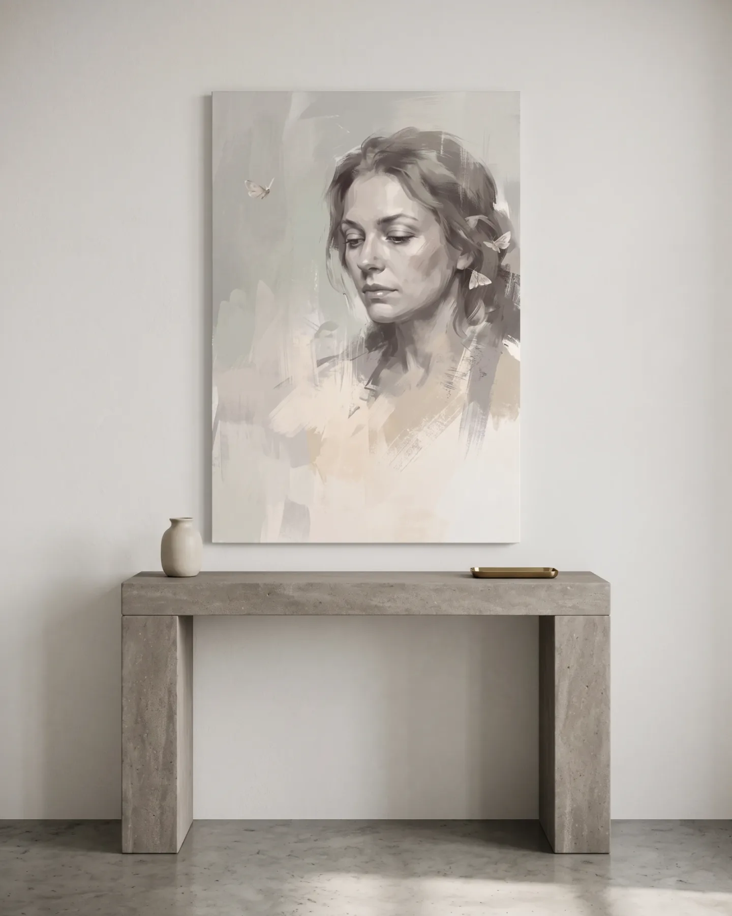 Leinwandbild – Frauenporträt mit Schmetterlingen in Beige und Grau