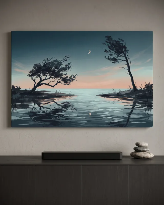 Leinwandbild – Uferlandschaft mit zwei Bäumen und Sichelmond