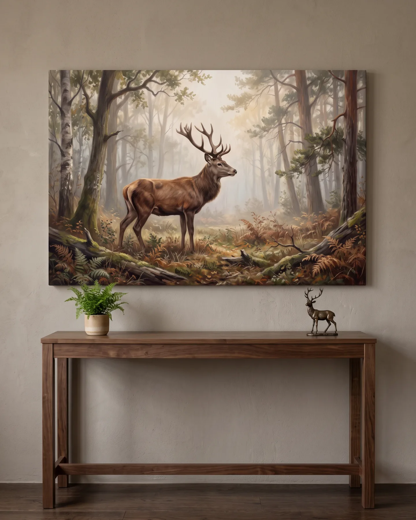 Leinwandbild – Hirsch mit Geweih zwischen hohen Bäumen