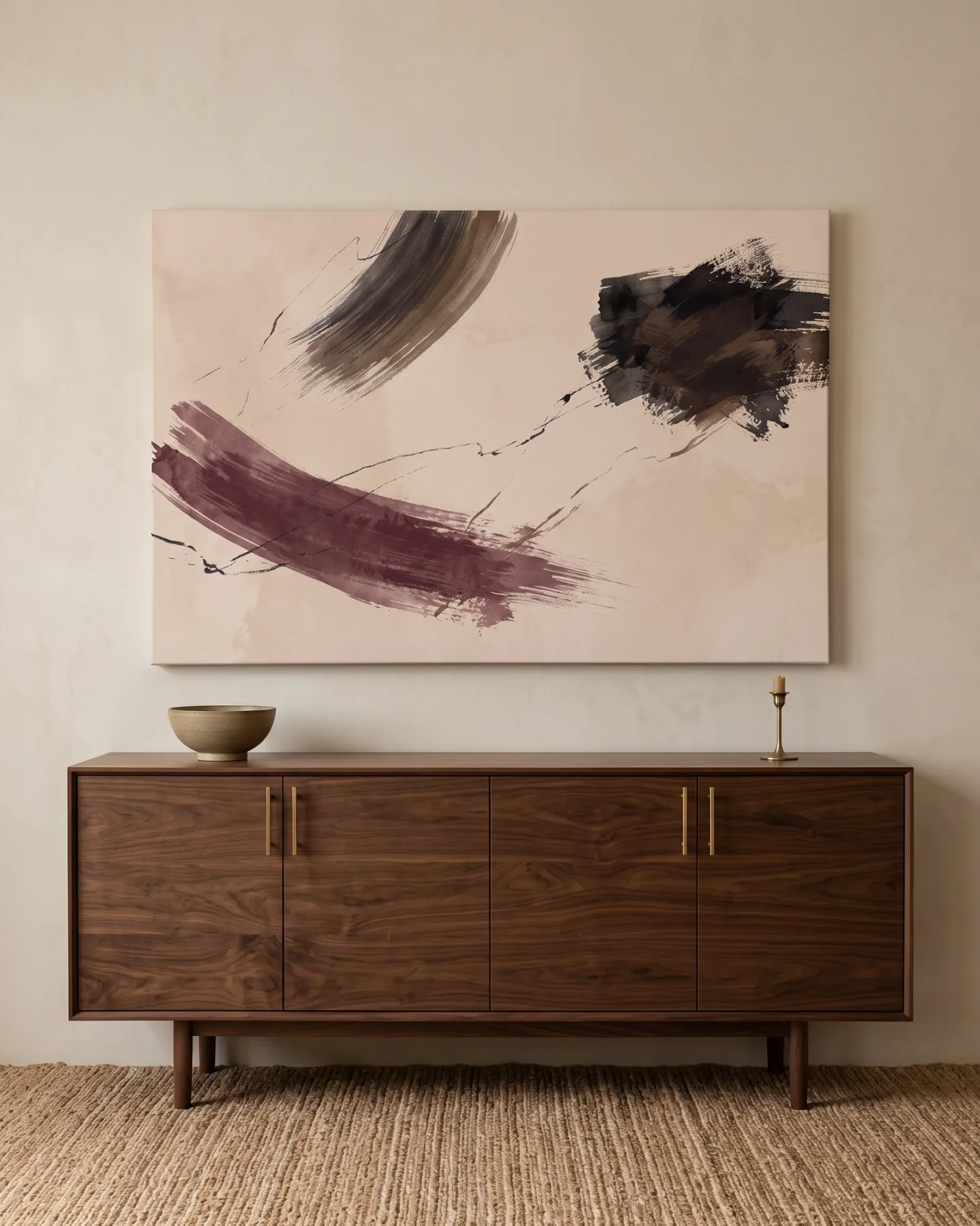 Leinwandbild – Abstrakte Pinselzüge in Beige und Burgunder