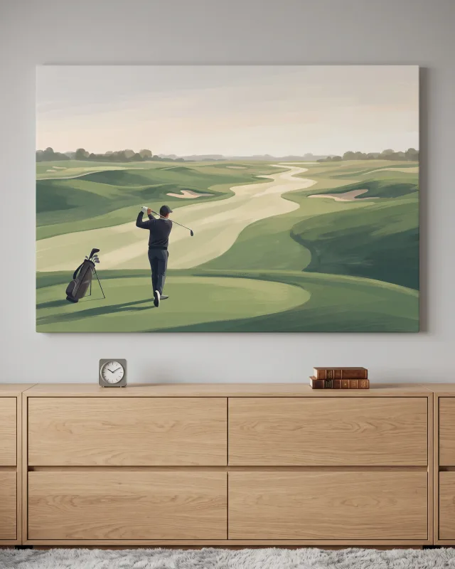 Leinwandbild – Golfer auf weitem Golfplatz