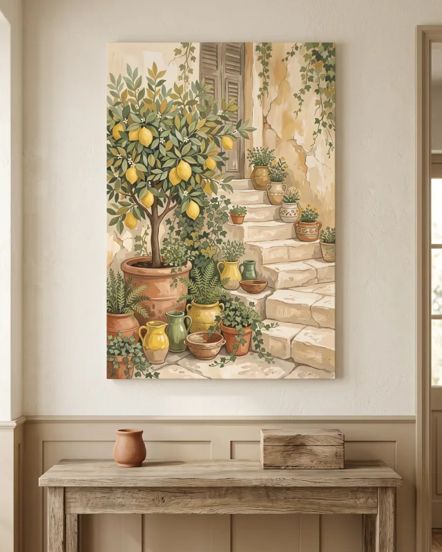 Leinwandbild – Zitronenbaum vor verwitterter Treppe