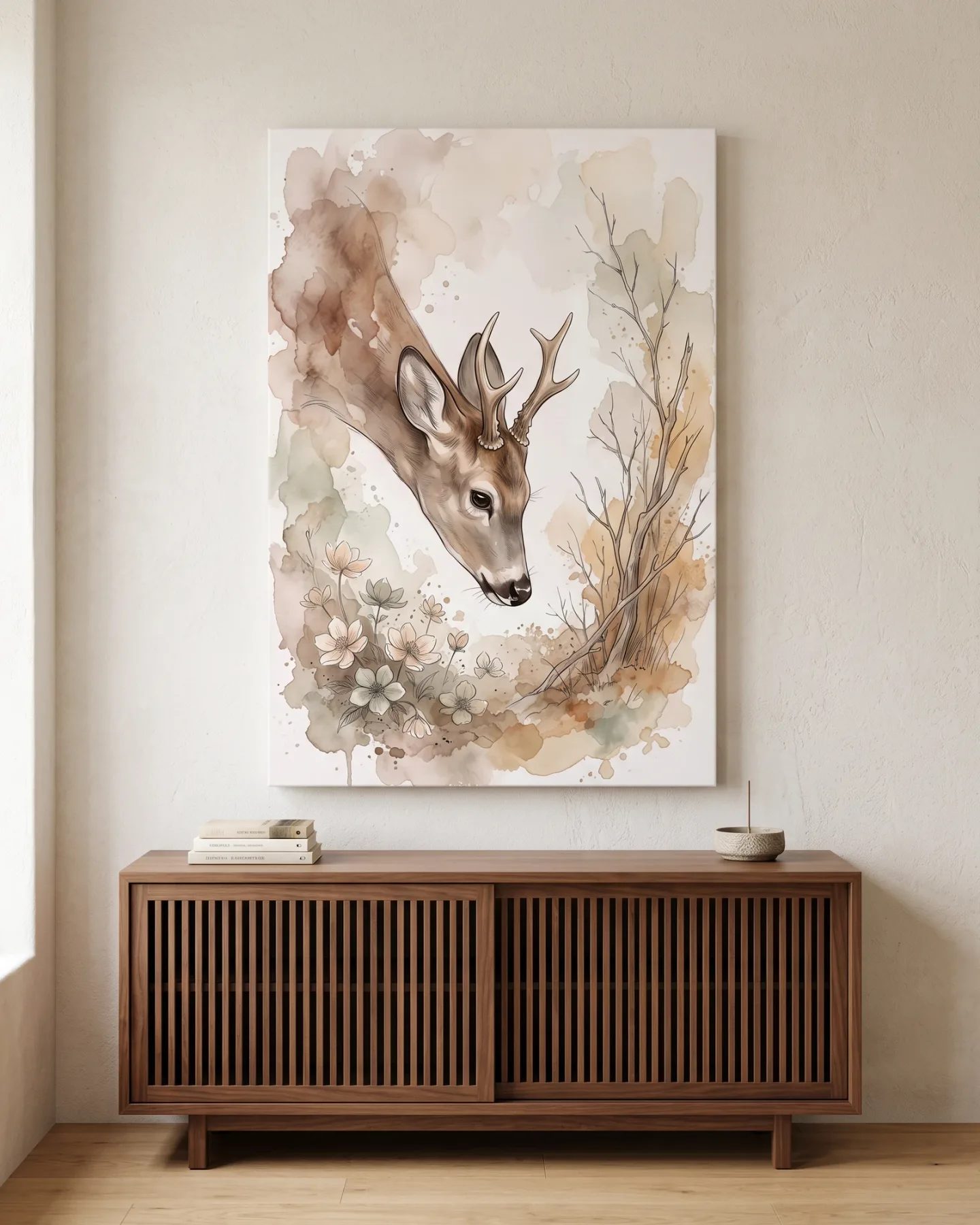 Canvas print – Deer Head Among Flowers and Branches