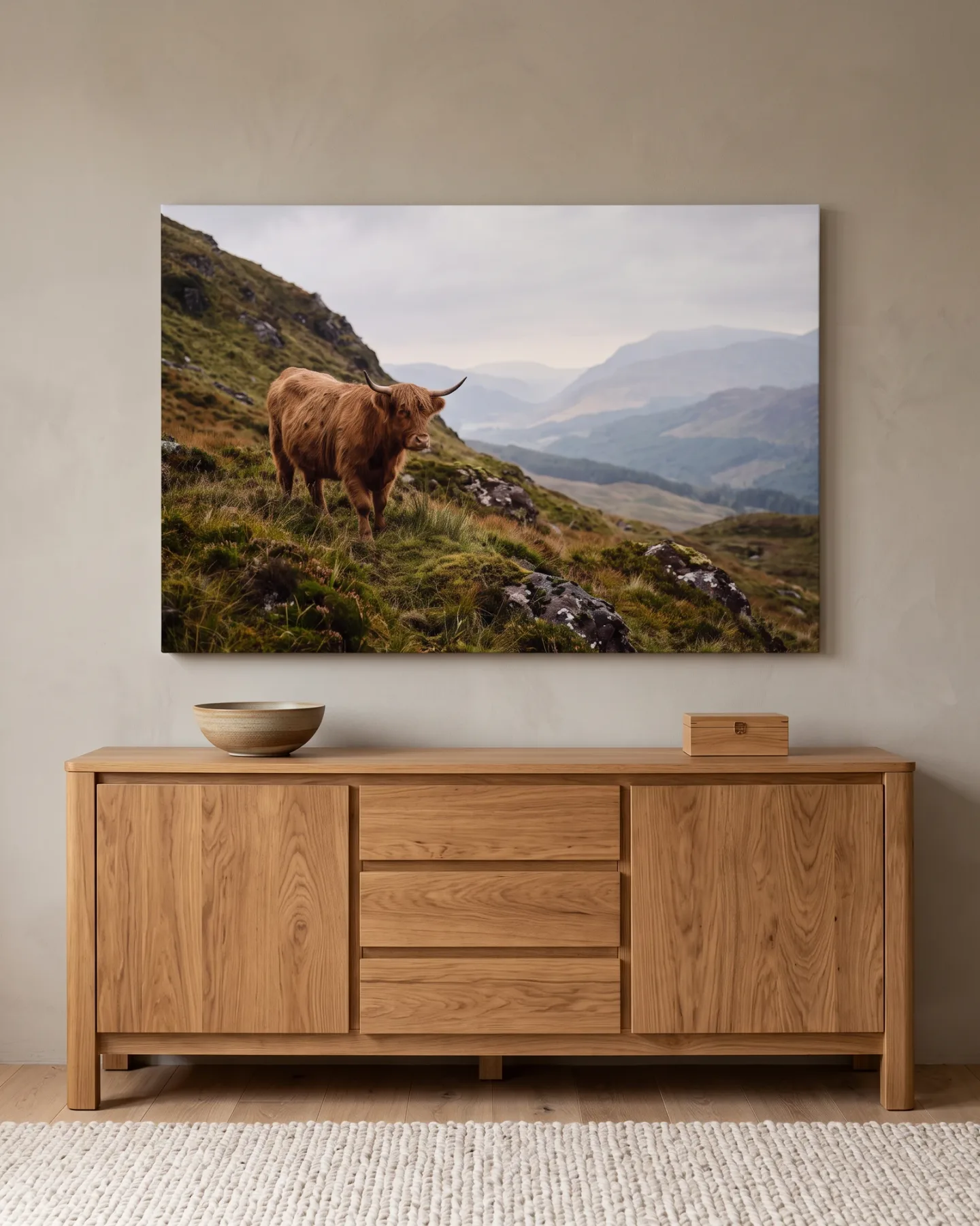 Canvas print – Highland Cow in a Mountain Landscape