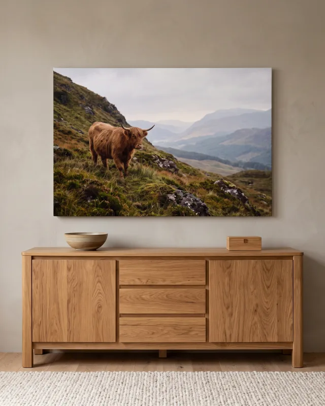 Leinwandbild – Hochlandrind in einer Berglandschaft