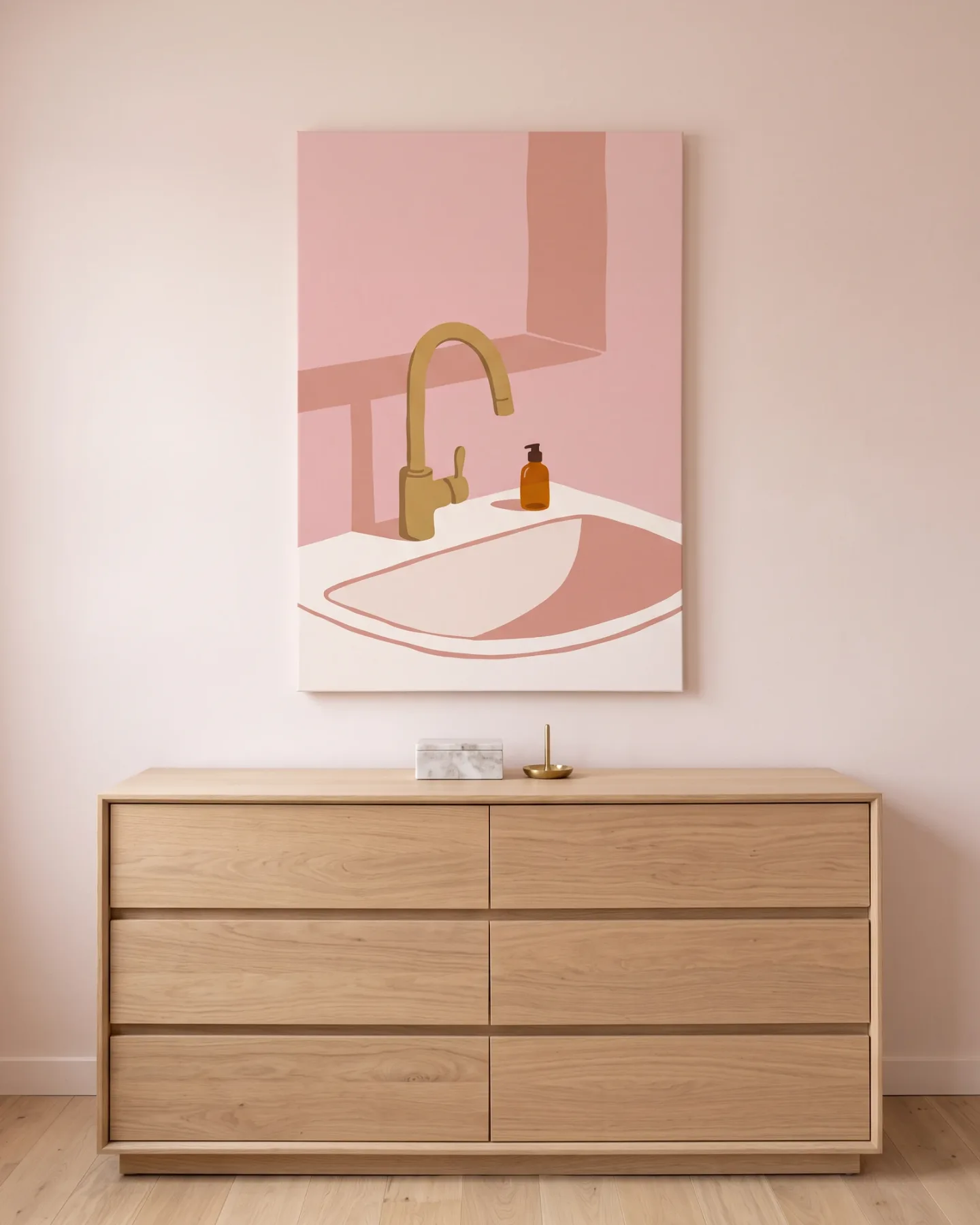 Leinwandbild – Rosa Waschbecken mit goldenem Wasserhahn