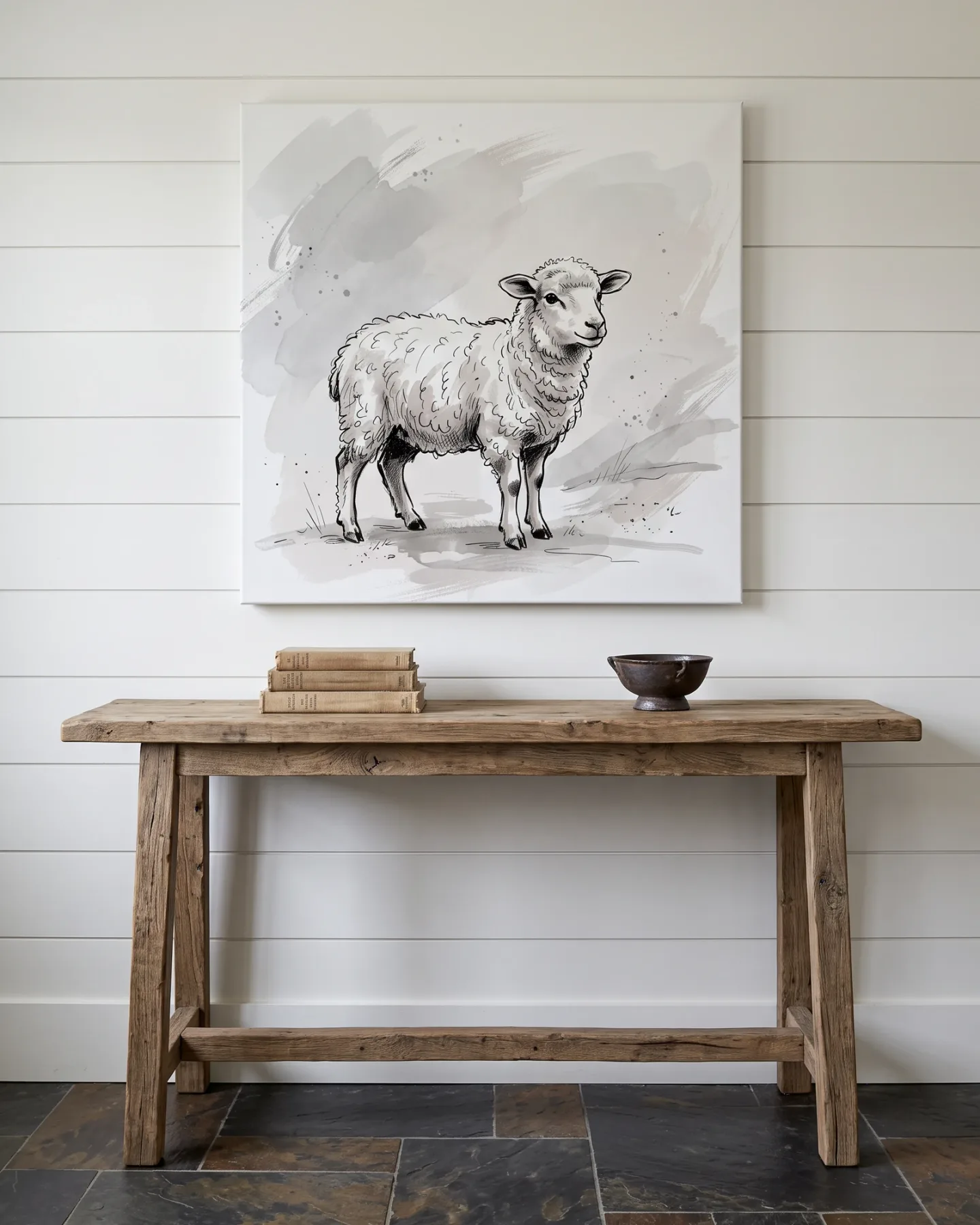 Leinwandbild – Stehendes Schaf in Tusche und Aquarell