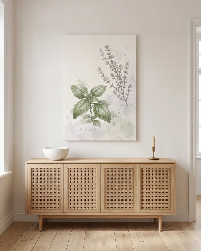 Leinwandbild – Botanische Illustration mit großen Blättern und feinen Zweigen