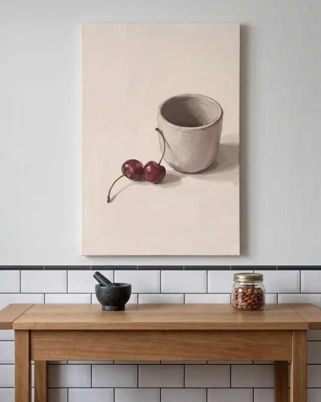 Leinwandbild – Gesprenkelte Tasse mit Kirschen und Schatten