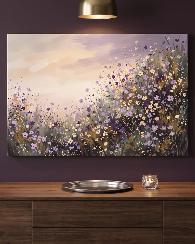 Leinwandbild – Violette Wiesenblüten vor hellem Pinselgrund