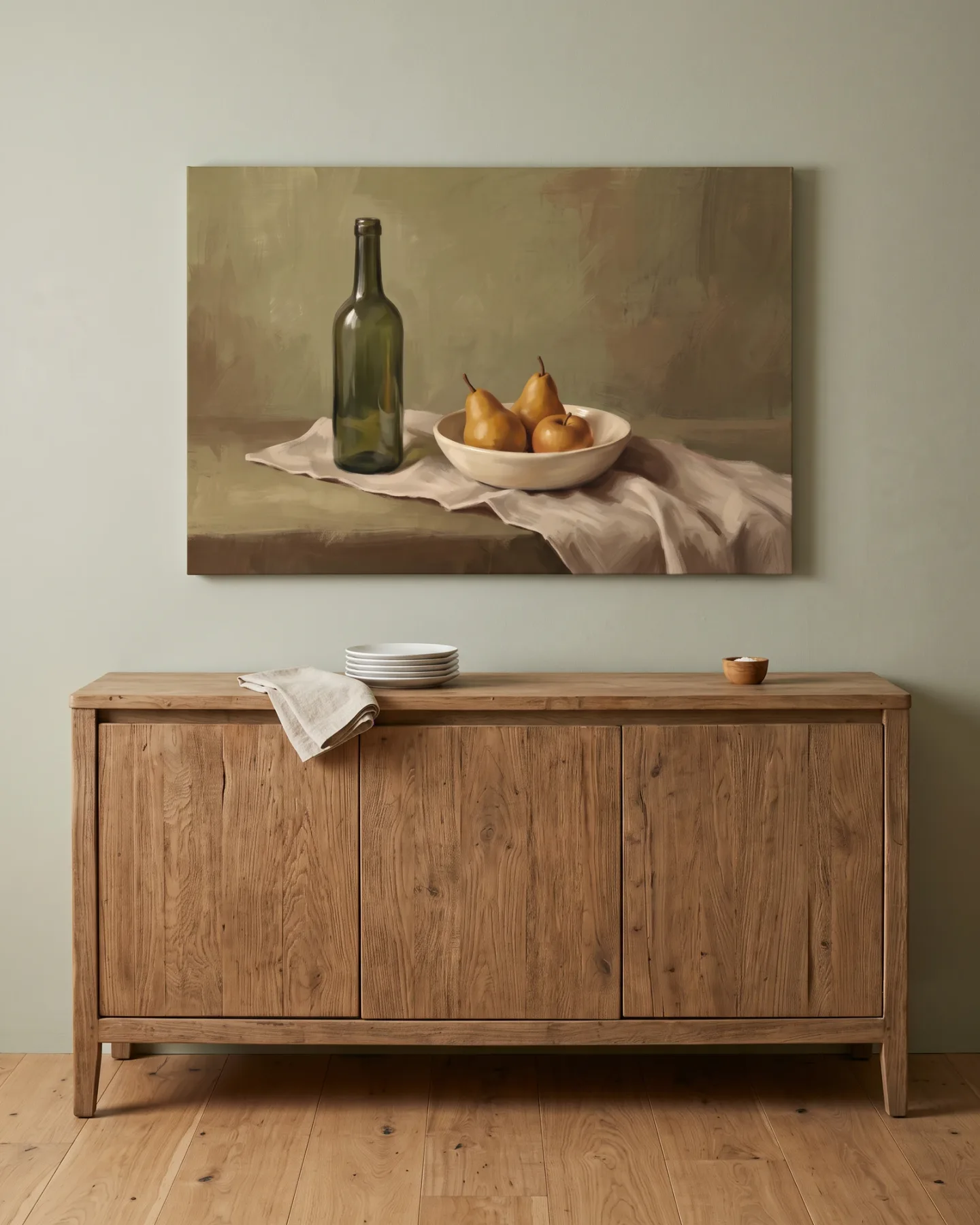 Canvas print – Still Life with Pears, Apple and Green Bottle