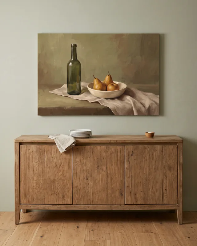 Canvas print – Still Life with Pears, Apple and Green Bottle