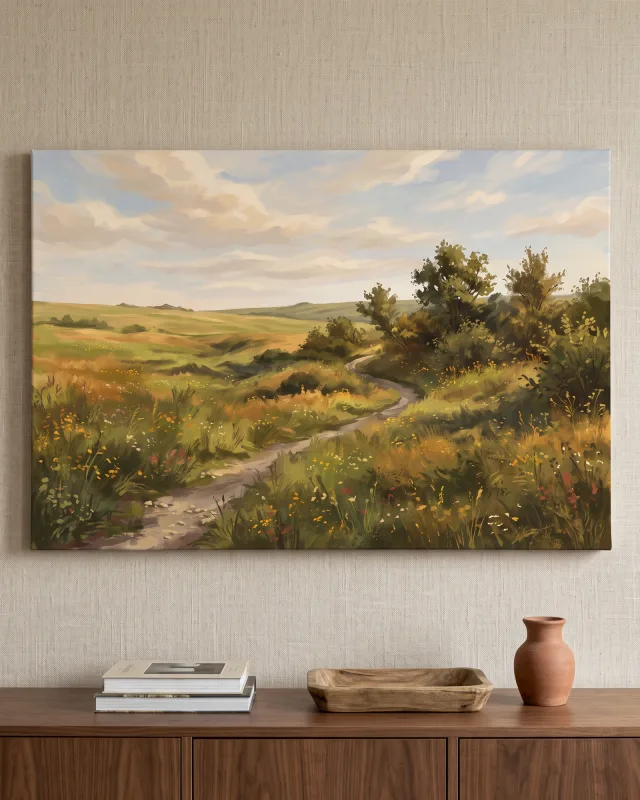 Leinwandbild – Sommerwiese mit bunten Blüten und Baumgruppe