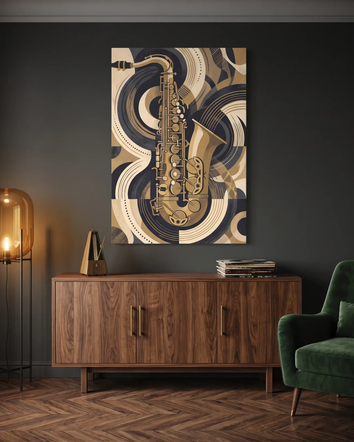 Leinwandbild – Goldenes Saxofon in geschwungenen Linien