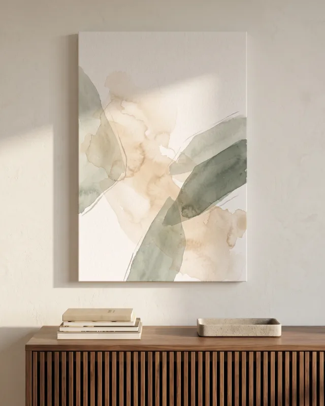 Leinwandbild – Salbeigrüne Aquarellflächen mit feinen Linien