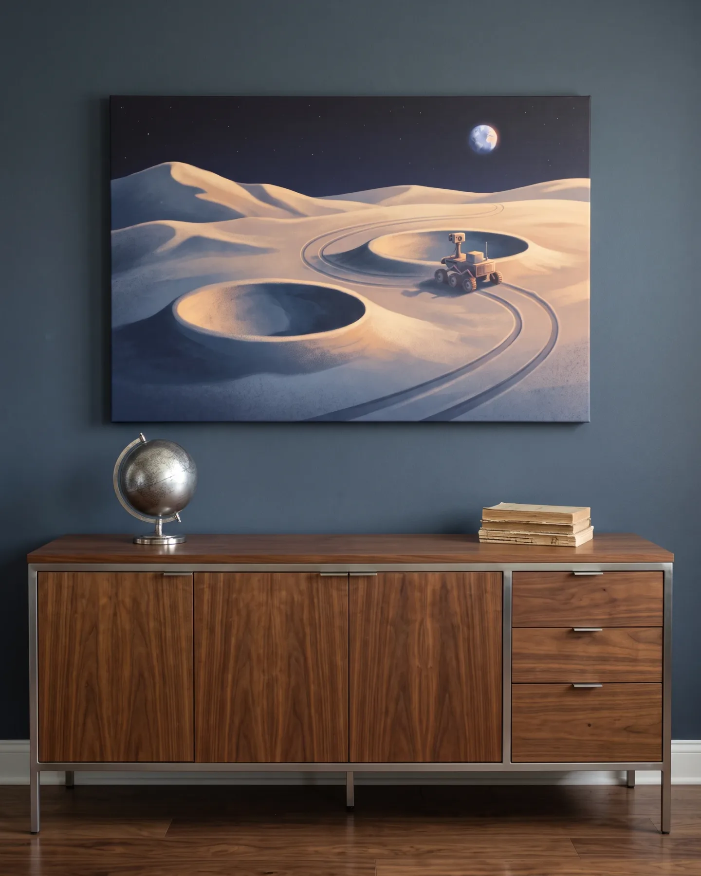 Leinwandbild – Rover auf einer mondähnlichen Dünenlandschaft