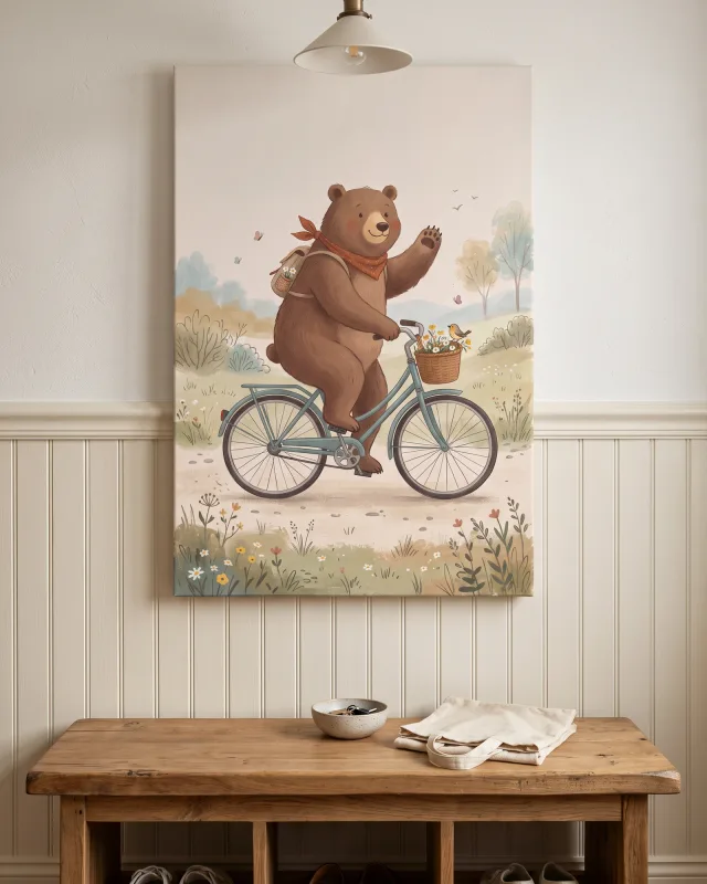 Leinwandbild – Winkender Bär auf dem blauen Fahrrad