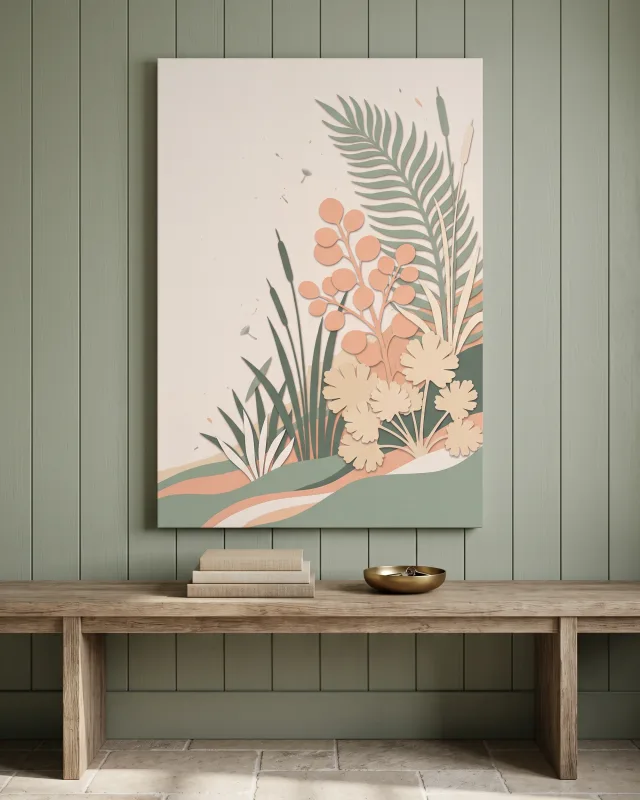 Leinwandbild – Papiergarten mit Farnen und hellen Blüten