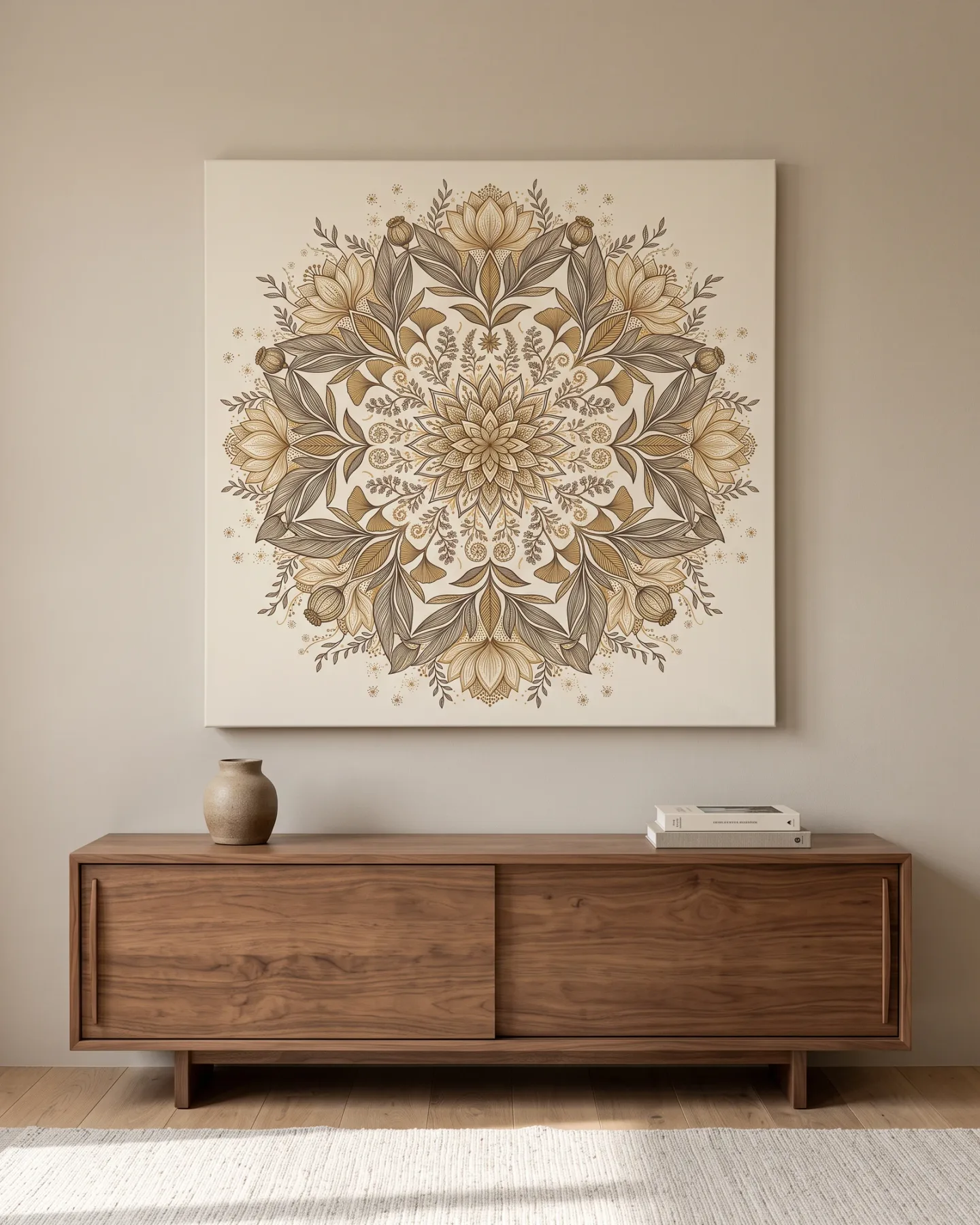Leinwandbild – Botanisches Mandala in Sepialinien