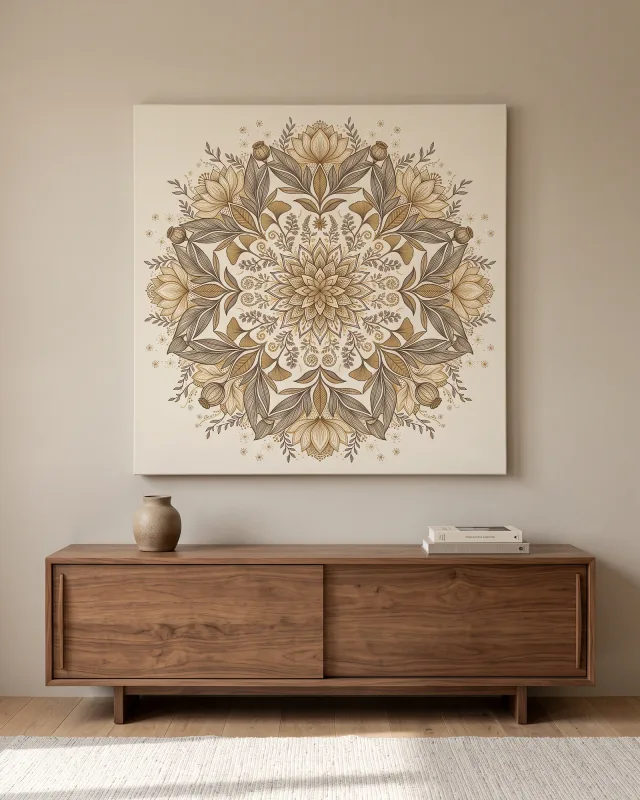 Leinwandbild – Botanisches Mandala in Sepialinien