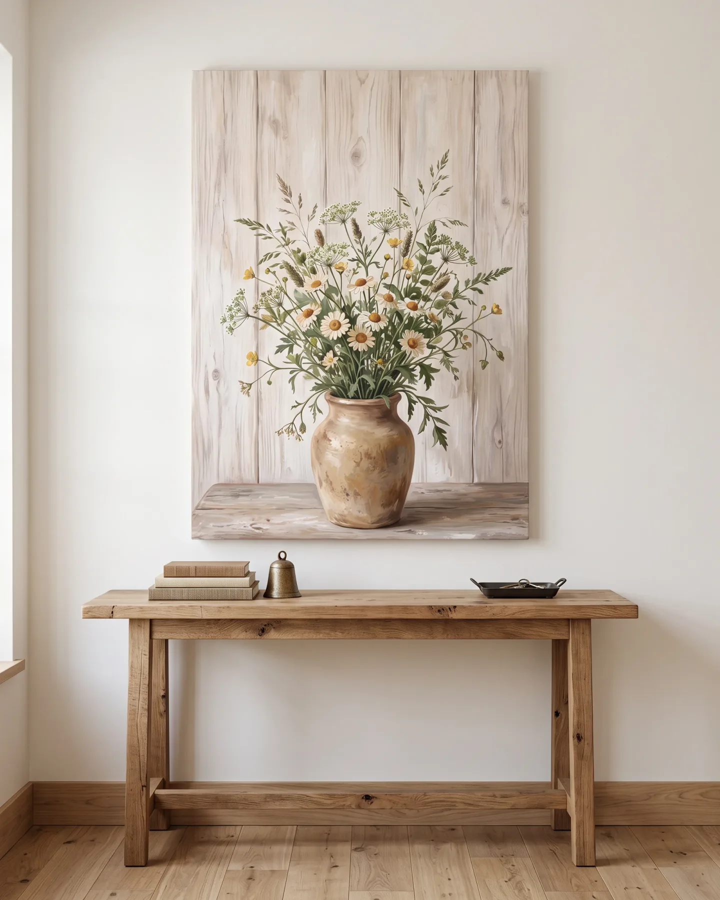 Leinwandbild – Wiesenblumen in einer hellbraunen Keramikvase