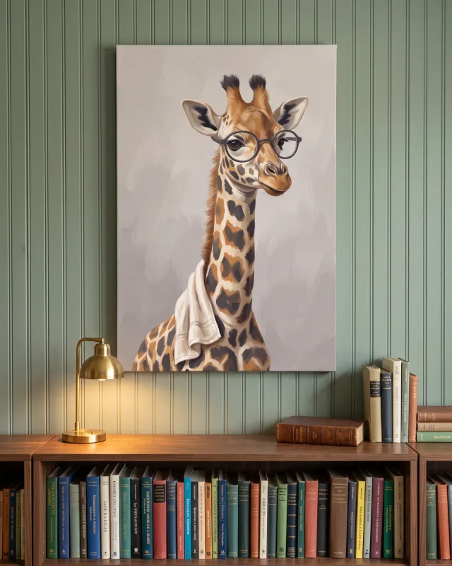 Leinwandbild – Giraffe mit runder Brille