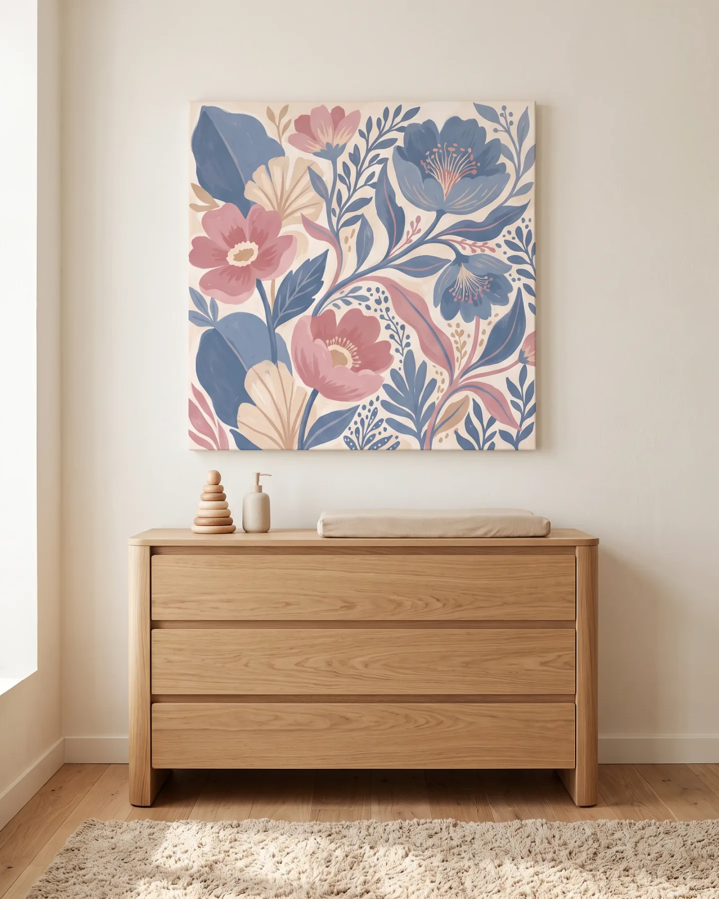 Leinwandbild – Rosa und blaue Blüten mit geschwungenen Stielen