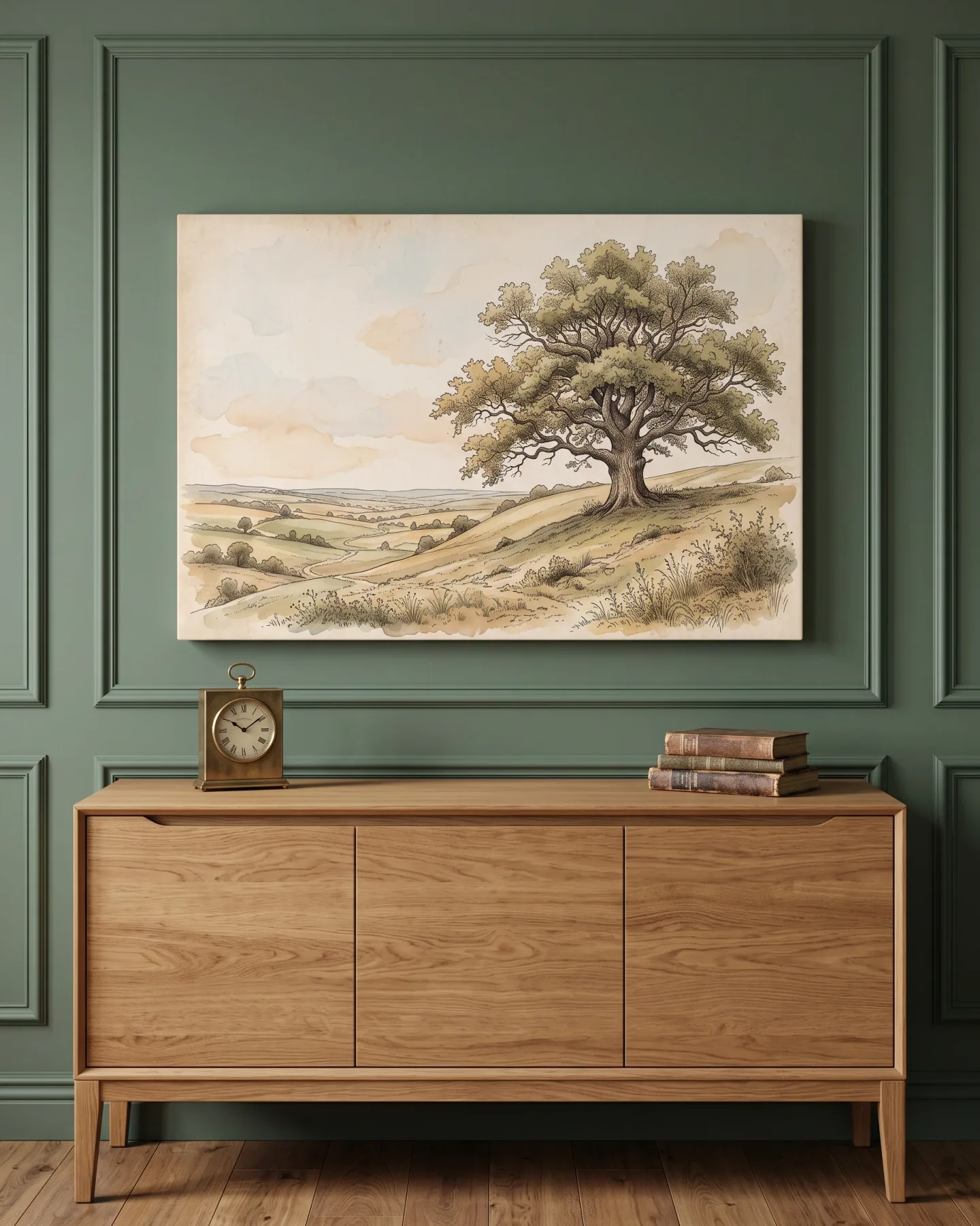 Leinwandbild – Alte Eiche über Feldern und Hügelwegen