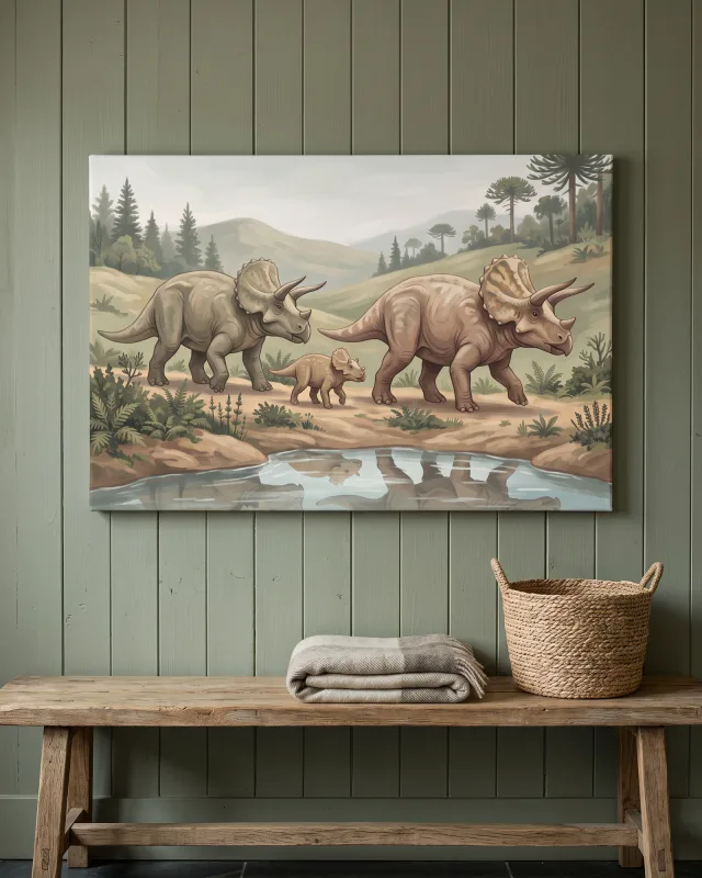 Leinwandbild – Triceratopsfamilie an einer Wasserstelle