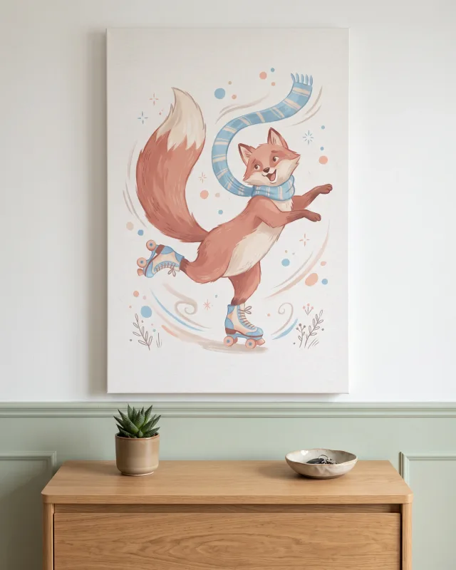 Leinwandbild – Lächelnder Fuchs mit flatterndem Streifenschal