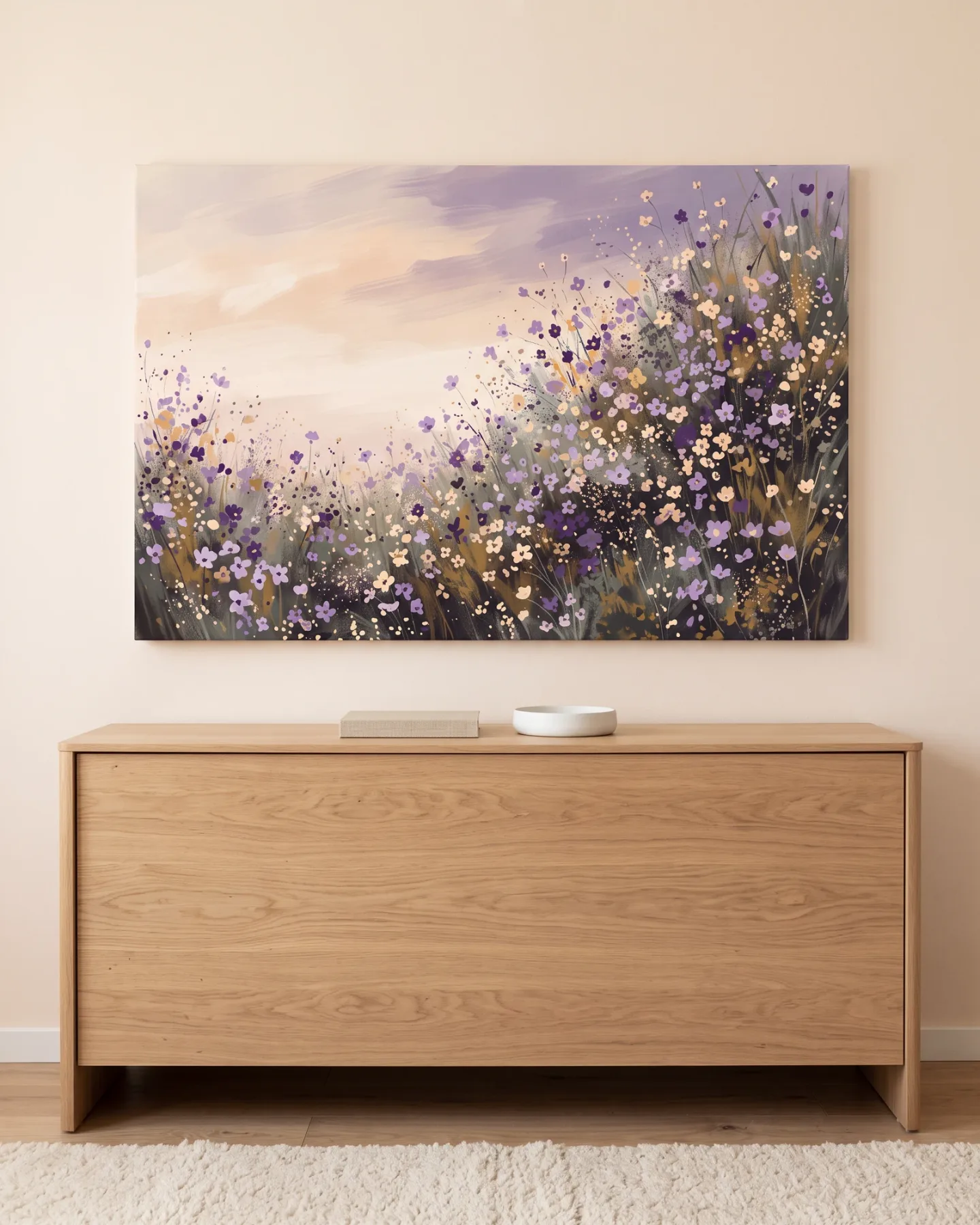 Leinwandbild – Violette Wiesenblüten vor hellem Pinselgrund