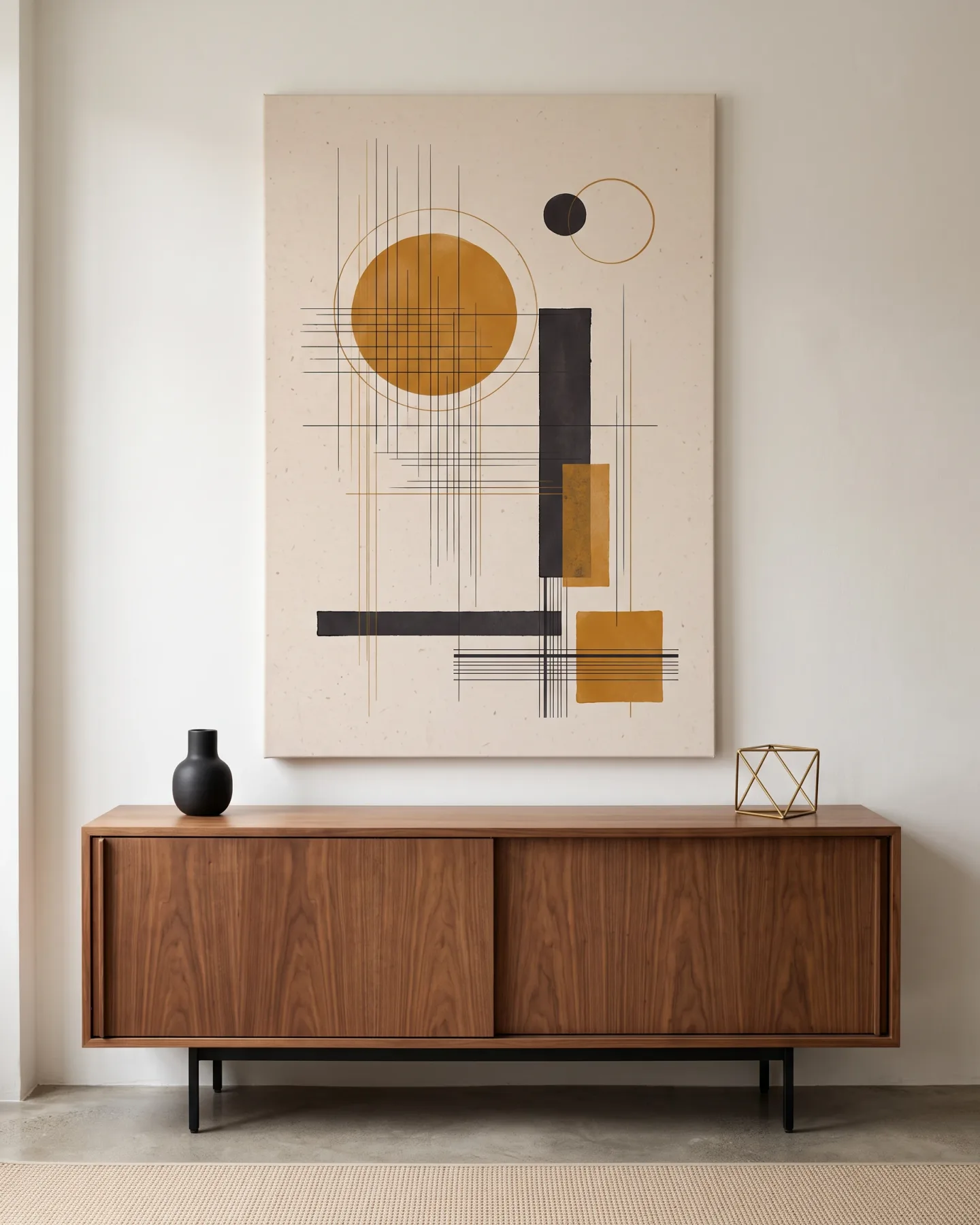 Canvas print – Ochre Circle and Golden Lines on a Pale Ground