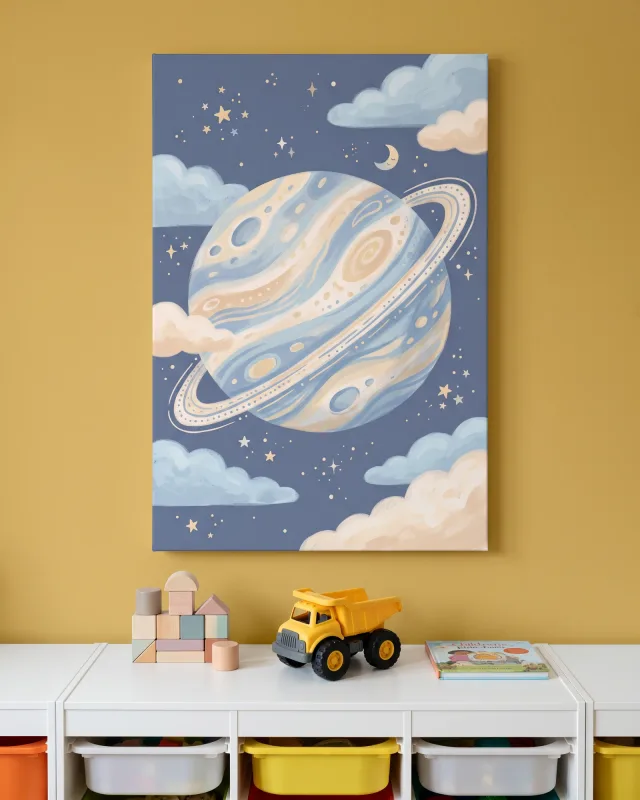 Leinwandbild – Pastellplanet mit Ring im dunklen Sternenhimmel