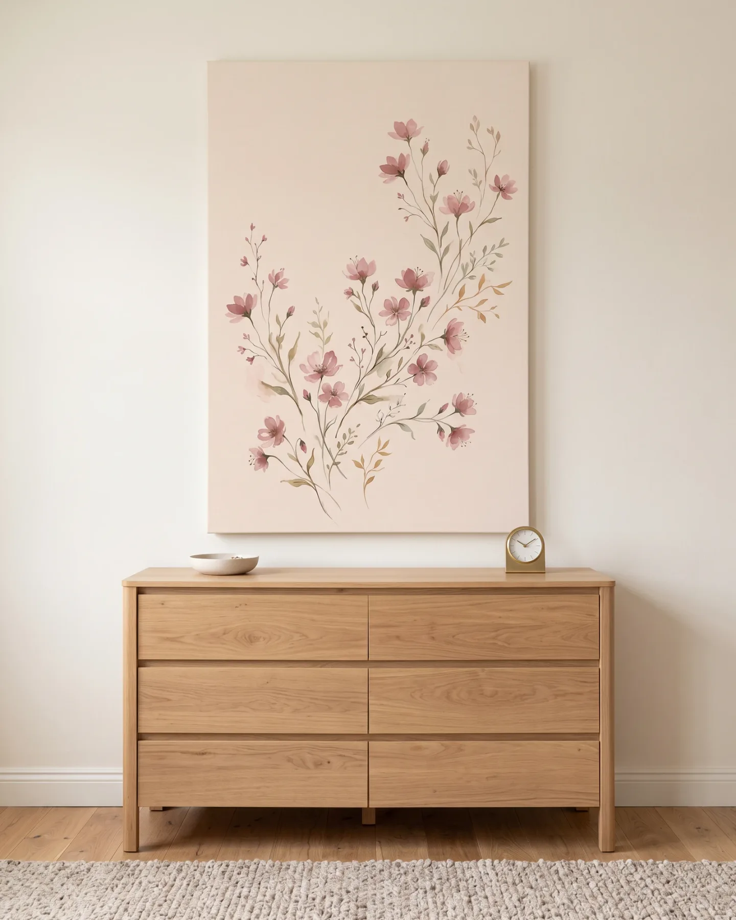 Leinwandbild – Rosa Blütendiagonale mit goldgrünen Blättern